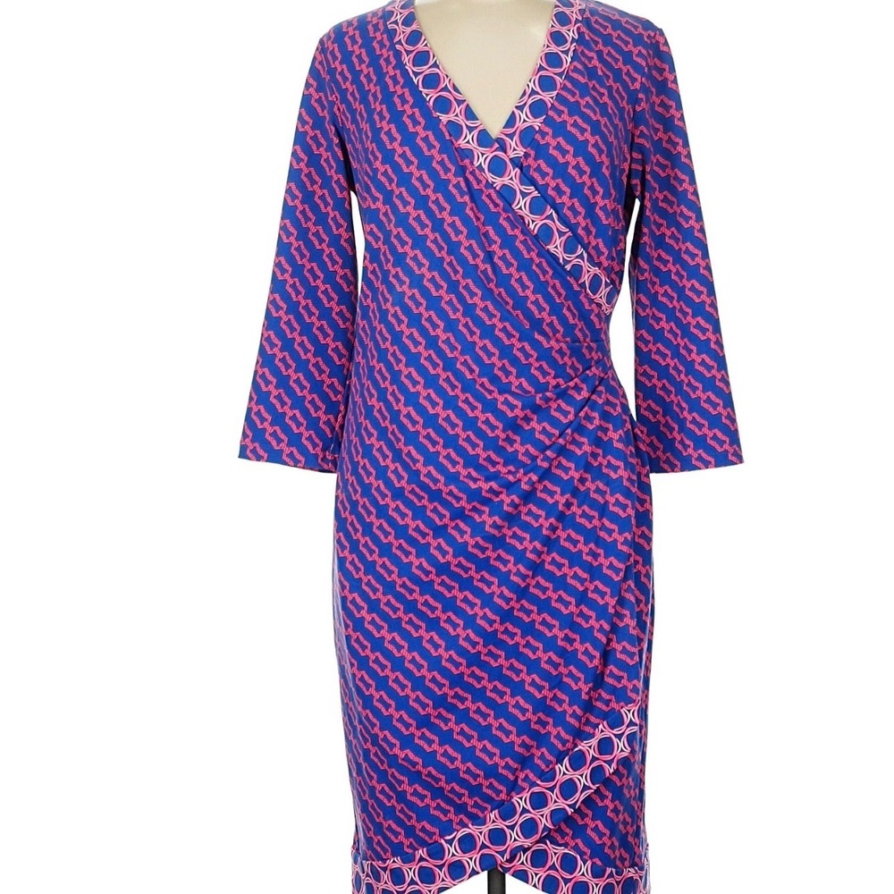 J. McLaughlin Catalina Cloth faux wrap dress blue pink chain link pattern size S
